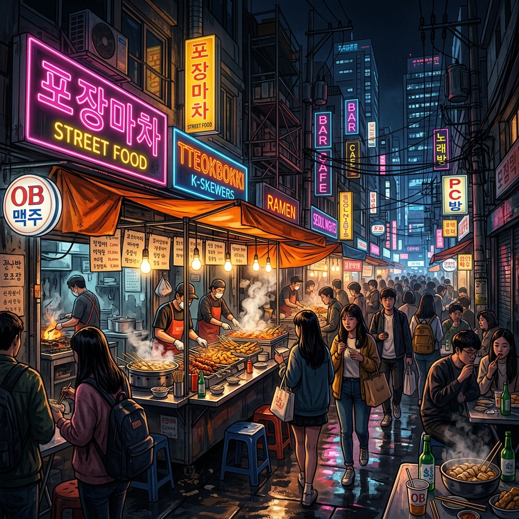 Seoul Street Food Tycoon gameplay background at night by SOJU88